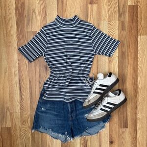 Vintage 90s InDesign Striped Mock Neck Ribbed Knit Top Made in USA